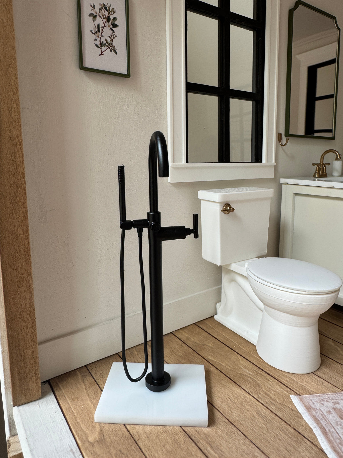1:12 Scale Miniature Freestanding Bathtub Faucet – Resin Dollhouse Fixture with Handheld Shower