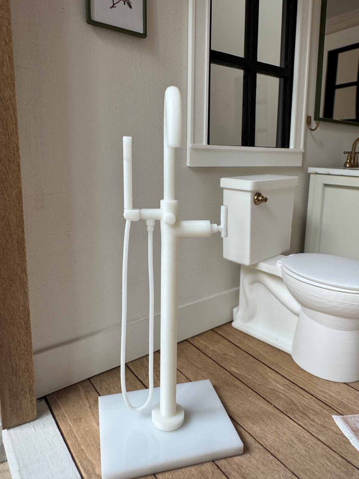 1:12 Scale Miniature Freestanding Bathtub Faucet – Resin Dollhouse Fixture with Handheld Shower