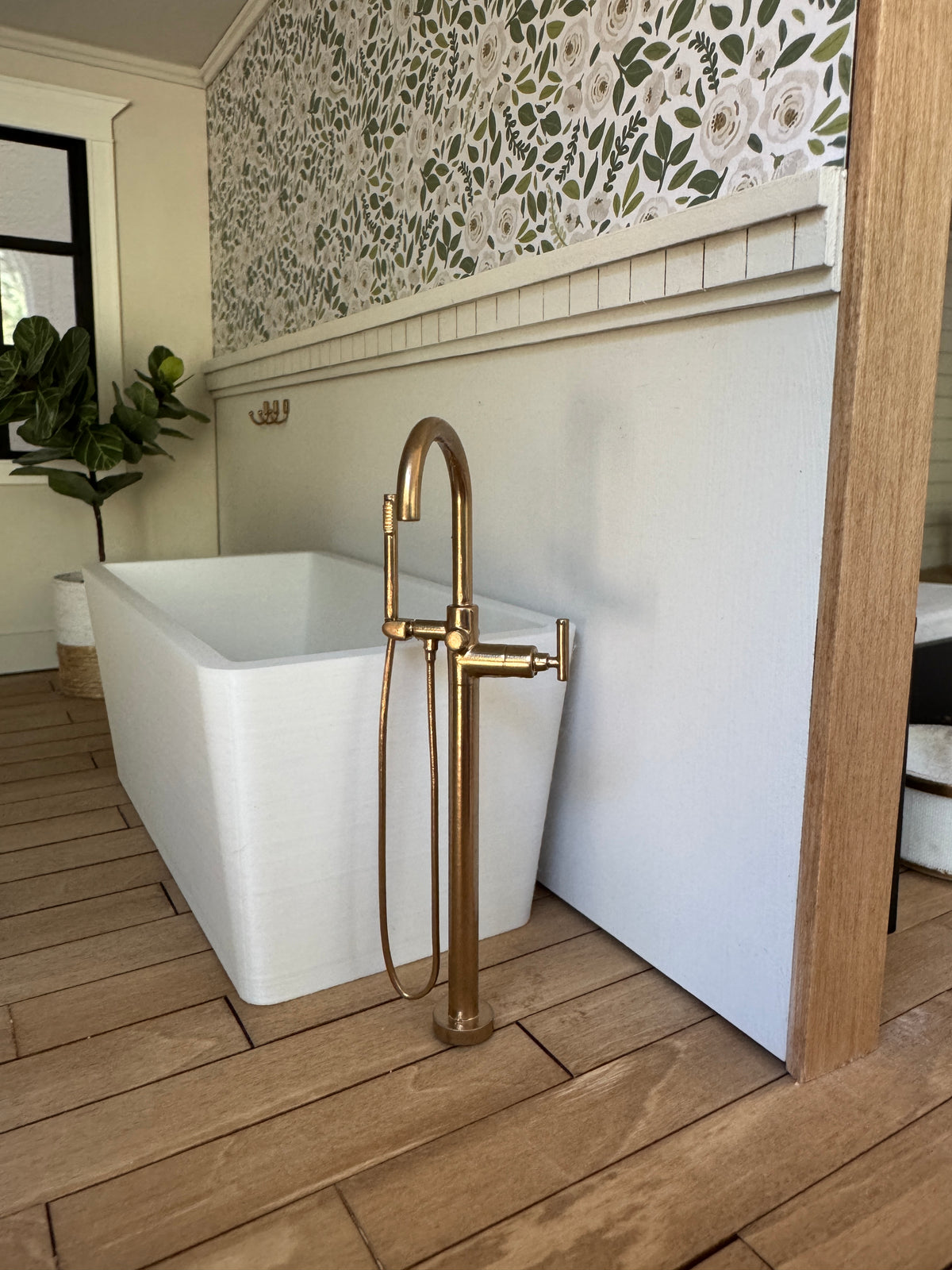 1:12 scale miniature freestanding bathtub faucet, resin dollhouse fixture with handheld shower