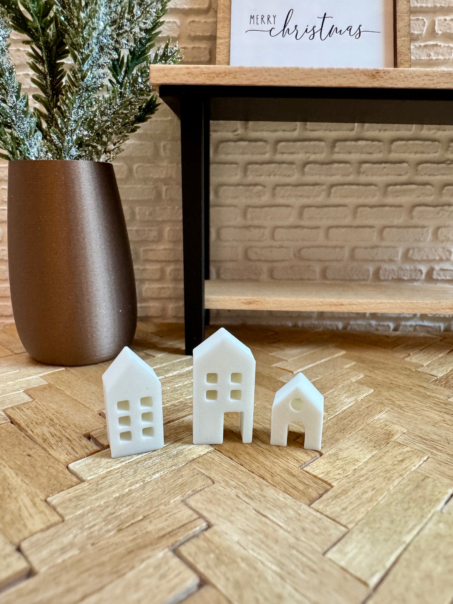 Miniature Winter Village Houses Set of 3 – 1:12 Scale Dollhouse Christmas Decor