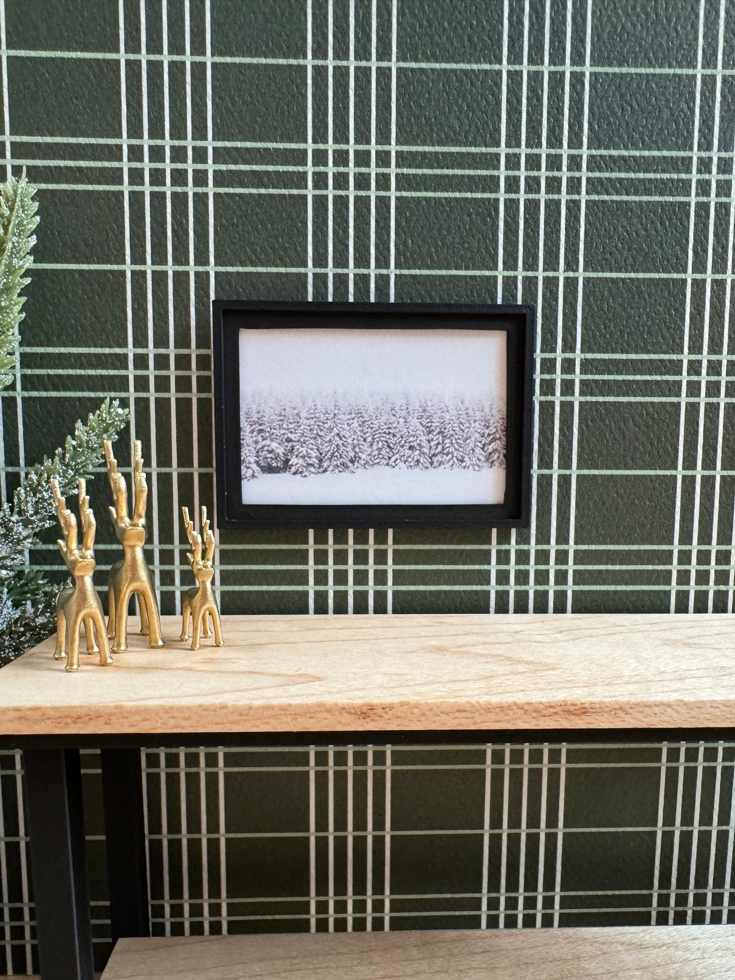 Dollhouse snowy winter trees framed wall art, close-up detail