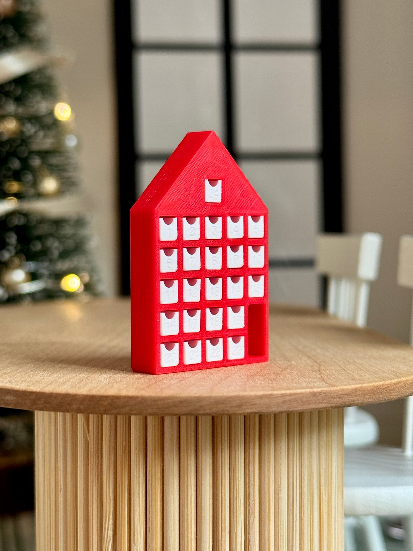 Miniature Red & White Advent Calendar – 1:12 Scale Dollhouse Christmas Countdown House