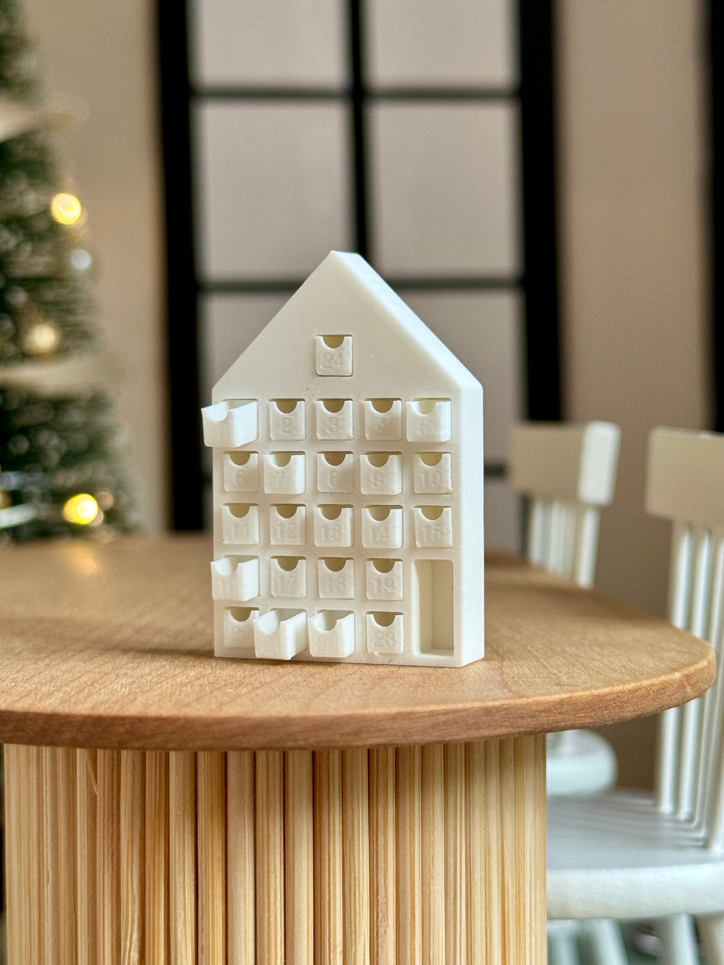 Miniature advent calendar house, drawers open detail, 1:12 scale dollhouse