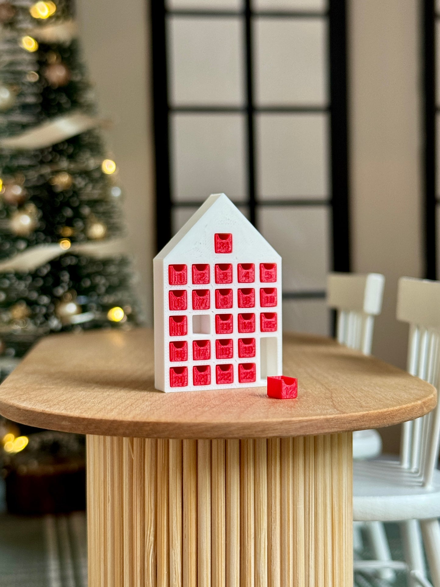 Miniature Red & White Advent Calendar – 1:12 Scale Dollhouse Christmas Countdown House