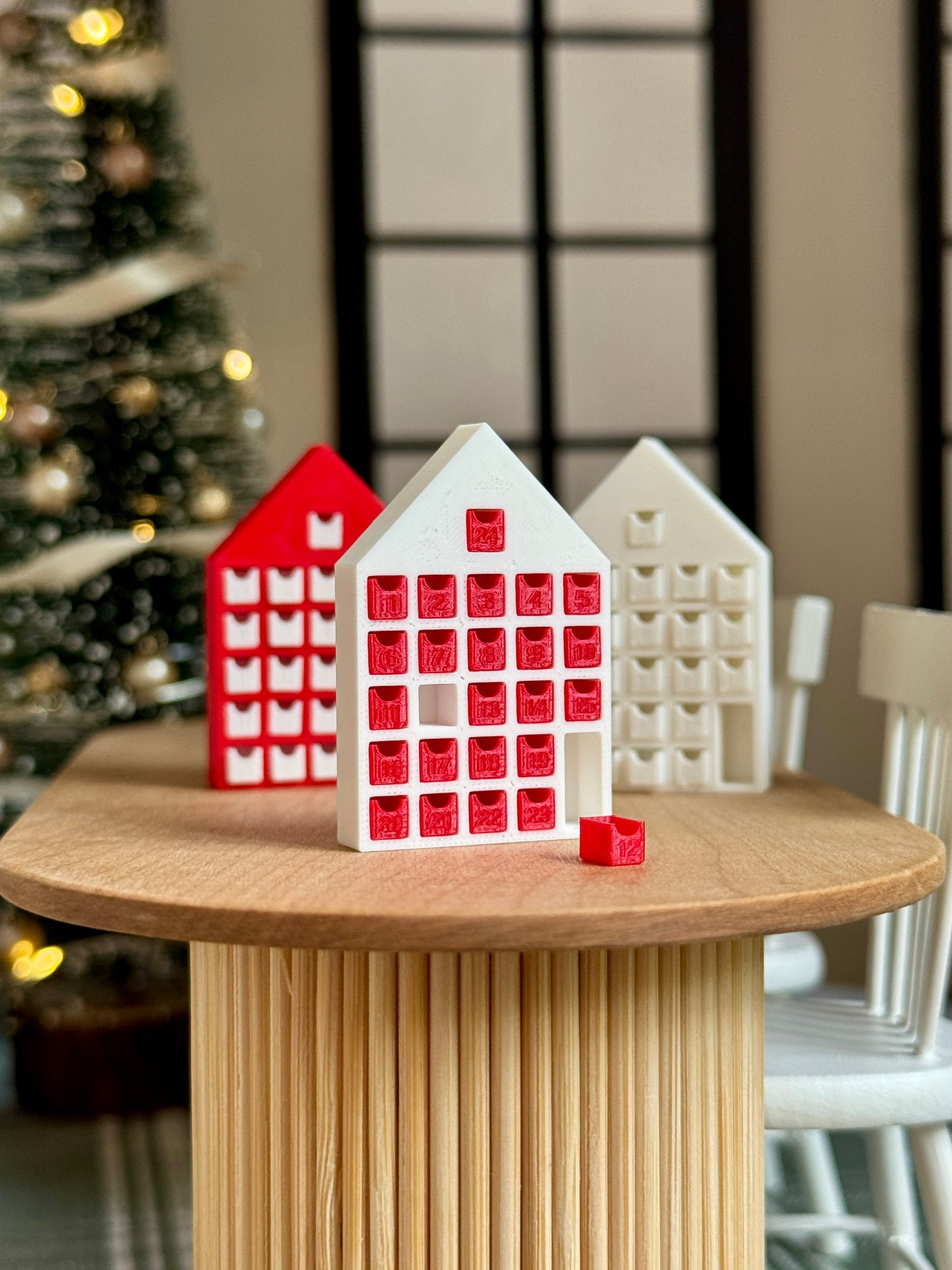 Miniature red and white advent calendar, drawers open detail, 1:12 scale