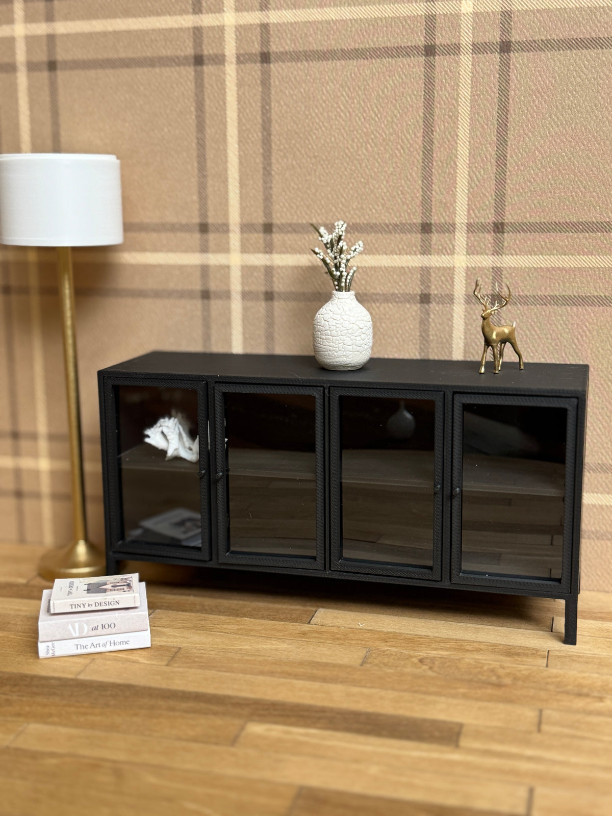 1:12 scale miniature modern cabinet, doors open detail, dollhouse furniture