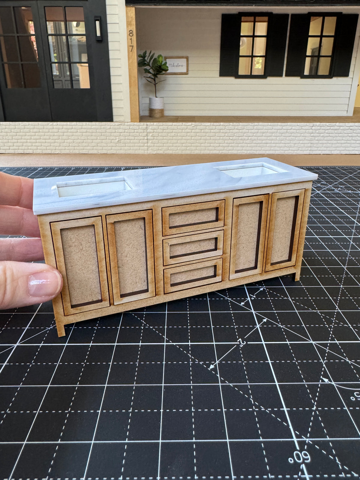 DIY kit 6 inch bathroom cabinet miniature, 1:12 scale with sink and acrylic counter