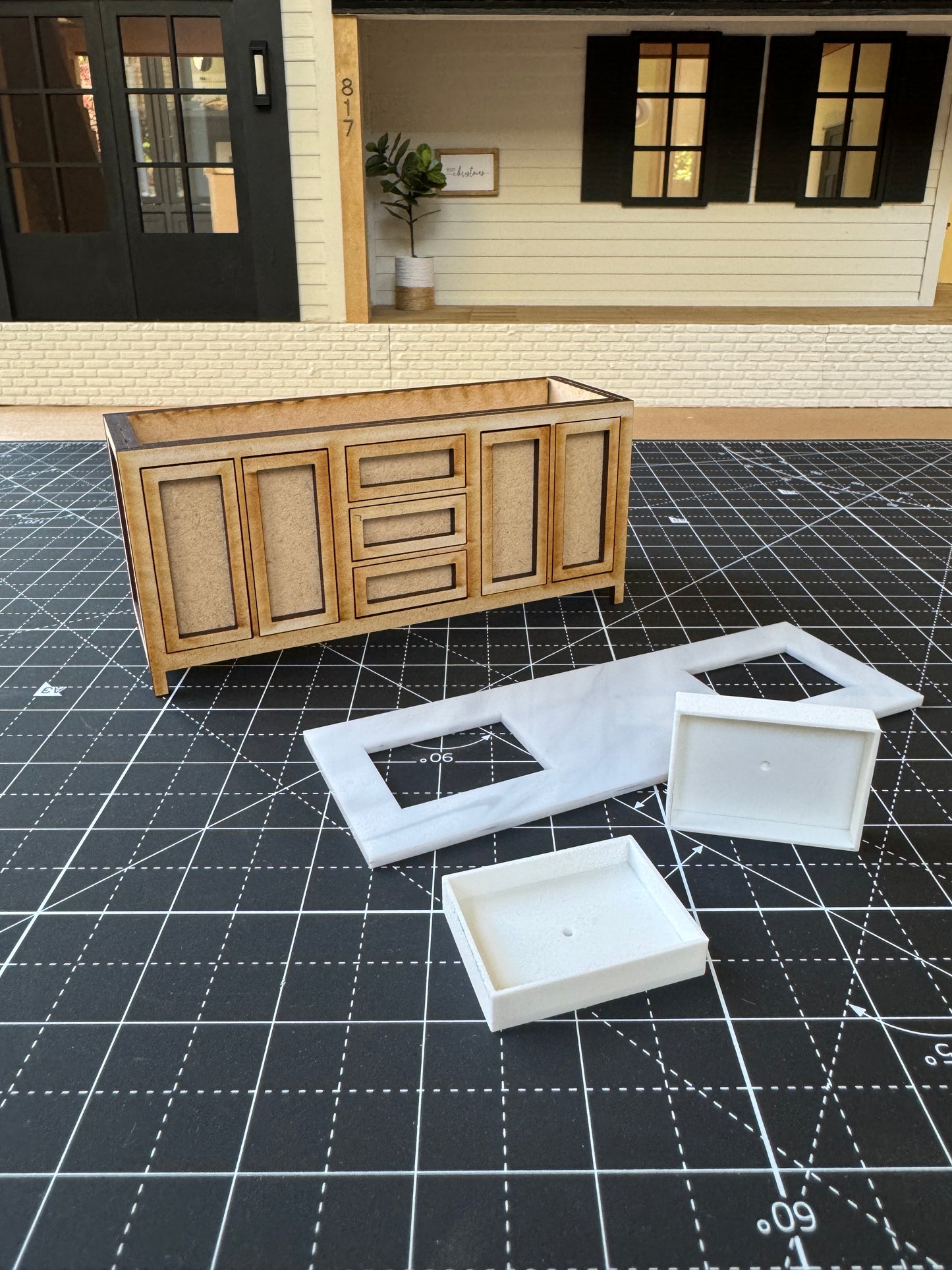 DIY kit 6 inch bathroom cabinet miniature, close-up detail, 1:12 scale
