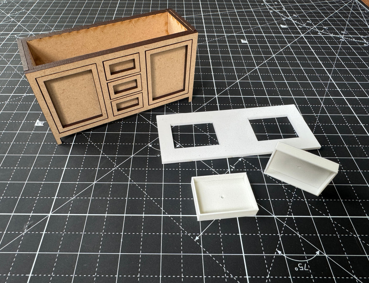 5 inch DIY kit bathroom cabinet miniature, close-up detail, 1:12 scale