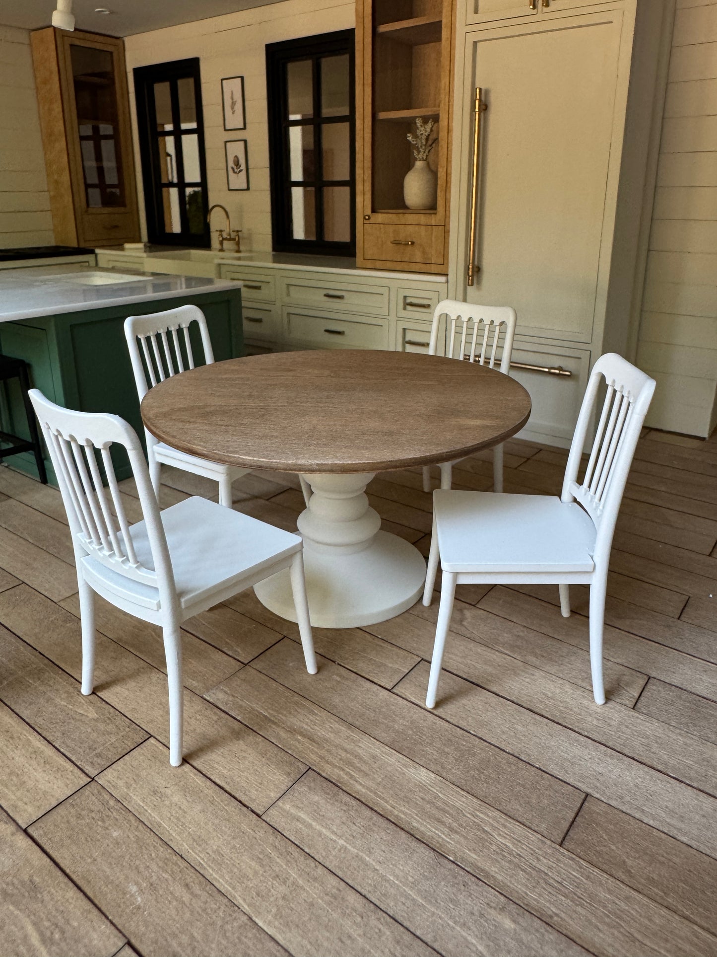 Miniature dining chair, alternate angle, 1:12 scale modern farmhouse dollhouse