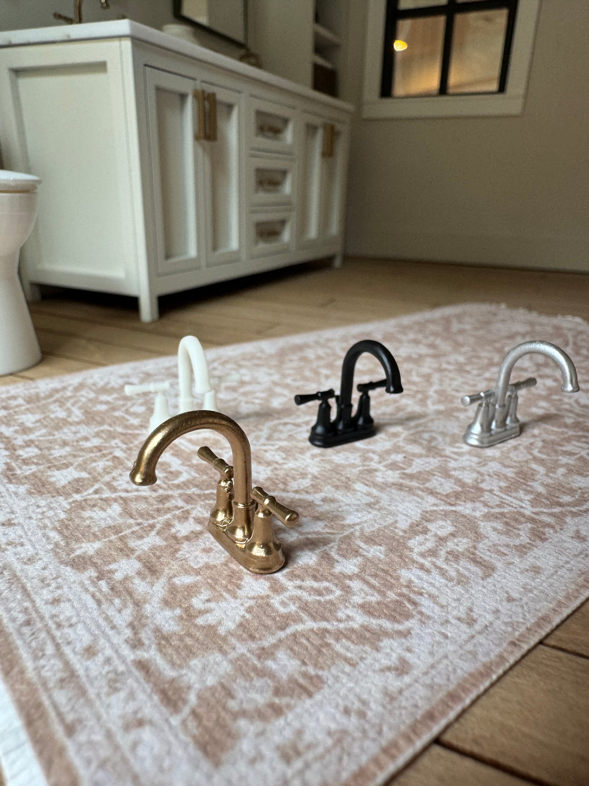 1:12 scale miniature bridge bathroom faucet, close-up detail, resin dollhouse