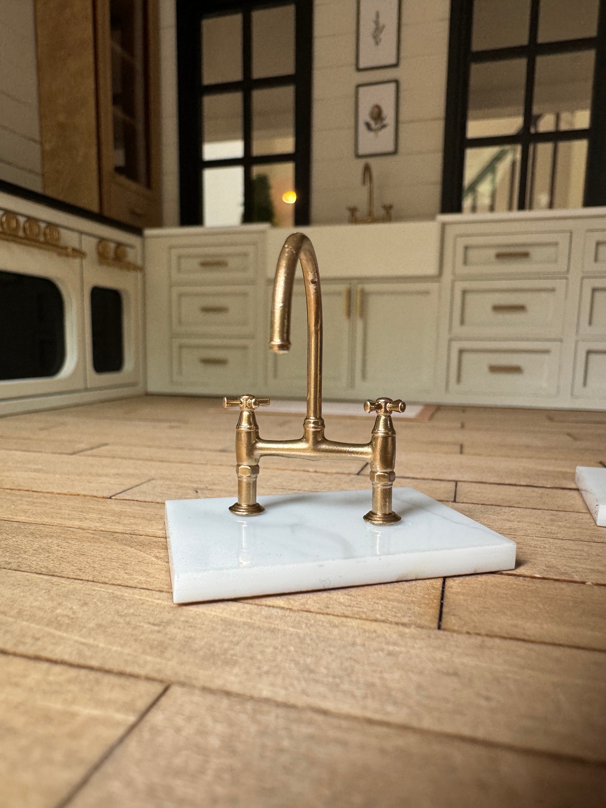 1:12 scale miniature kitchen bridge faucet, close-up detail, resin dollhouse