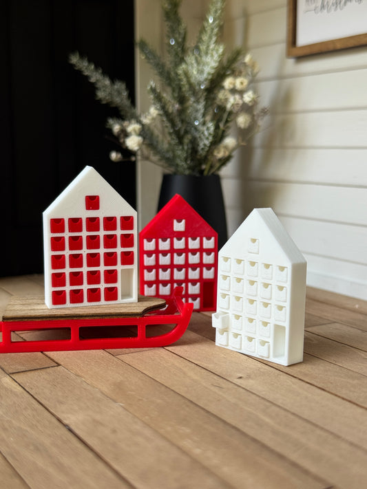 Miniature red and white advent calendar, 1:12 scale dollhouse Christmas countdown house