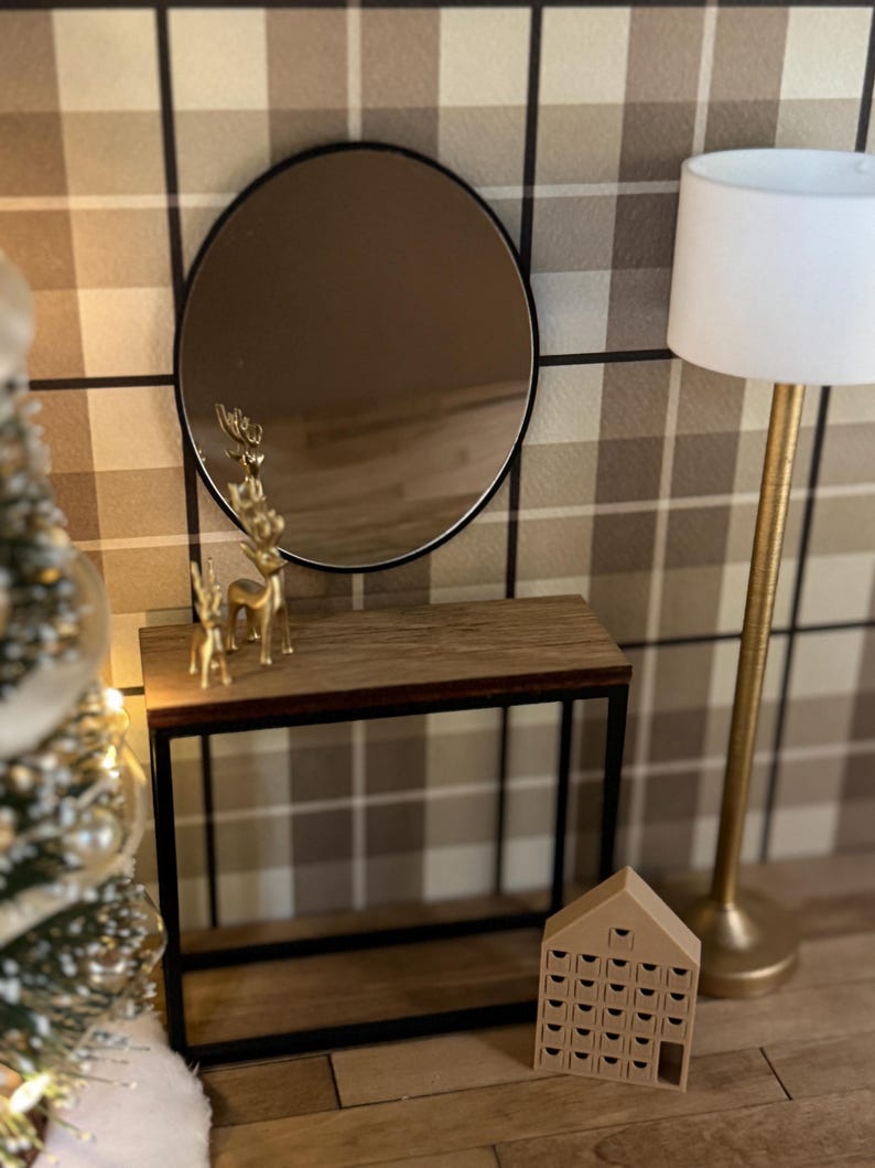 Oval dollhouse mirror, close-up detail, 1:12 scale miniature bathroom vanity