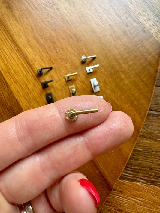 Miniature interior door handles, 1:12 scale dollhouse door hardware, 4 styles